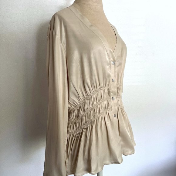 Anthropologie Smocked Satin Blouse Top Large MSRP Large $98 NWT - Picture 6 of 16